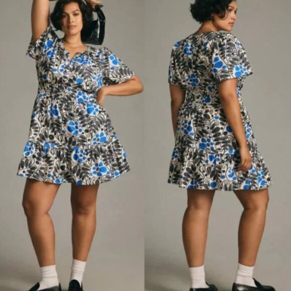 NWT Anthropologie Somerset Mini Dress in Marin Leaf Blue Black Print Size 3X - Picture 1 of 9